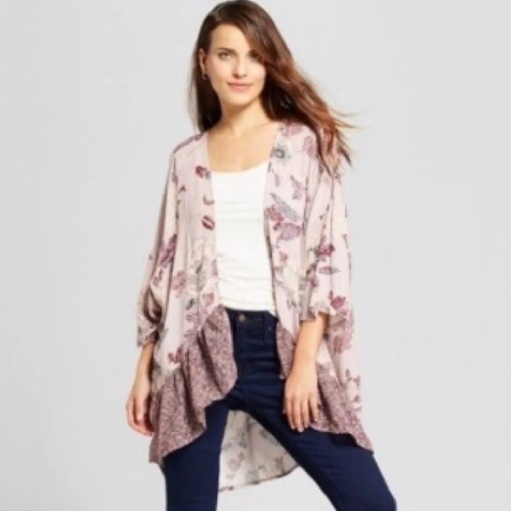 Knox Rose Kimono Pink Floral Open Wrap Boho Peasant 3/4 Sleeve Relaxed Fit Small